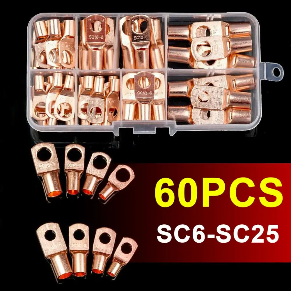 

60pcs Copper Ring Lug Terminal With Box Cable Lugs Crimp Terminals Wire Connector Terminal