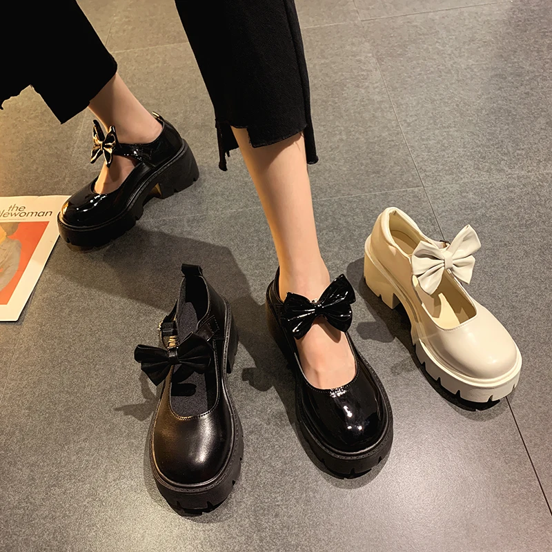 

Shoes Bow Platform Leather Shoes Woman Round Toe Mary Janes Shoes High Heels Thick Sole Ladies Shoes Zapatos Mujer