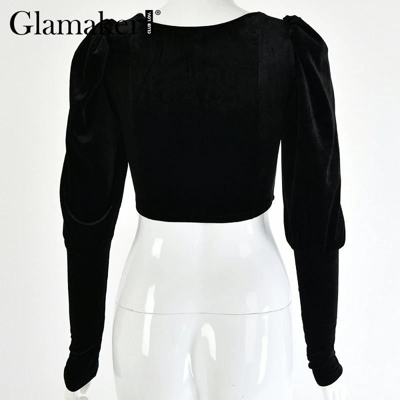 Glamaker, велюровая, черная, пуш-ап, Сексуальная Блузка, рубашка, женская, летняя, с длинным рукавом, короткая блузка, винтажная, женская, с квадратным вырезом, короткий топ, рубашка