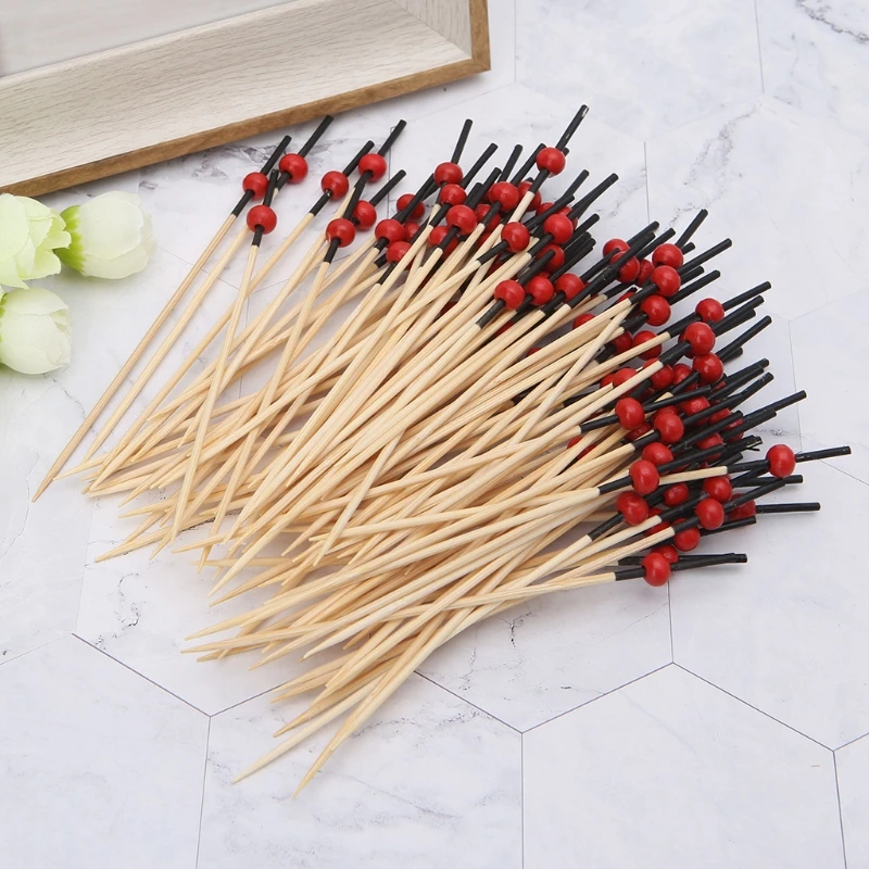 

100pcs Beads Bamboo Cocktail Picks Food Sticks Disposable Toothpicks Party Club
