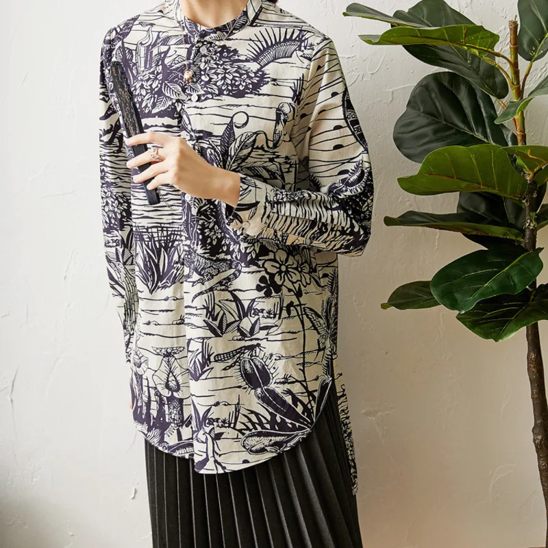 

New Retro printed shirts in long cotton long sleeve blouse female in the spring of 2020 long shirts