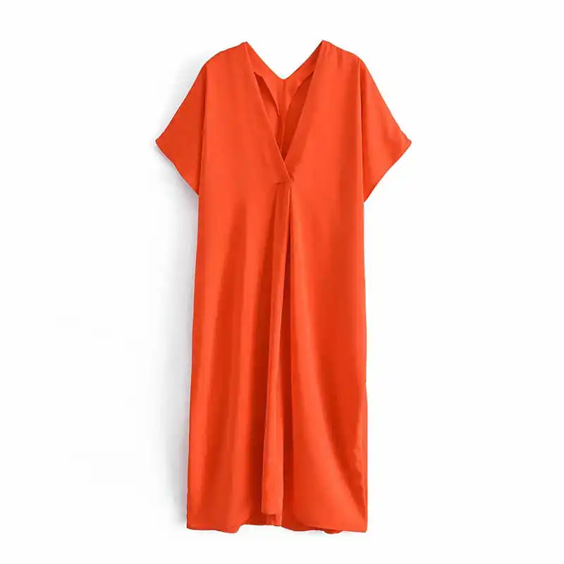 

summer woman dressed in orange satin long dress 2021 short sleeve oversize robes ruched dress in casual gowns