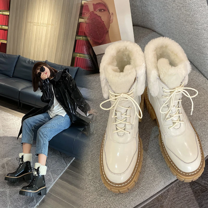 

Genuine Leather Boots Women Winter Fashion Women Boots Round Toe Thick Heel Platform Boots Women Shoes Keep Warm Ankle Boots