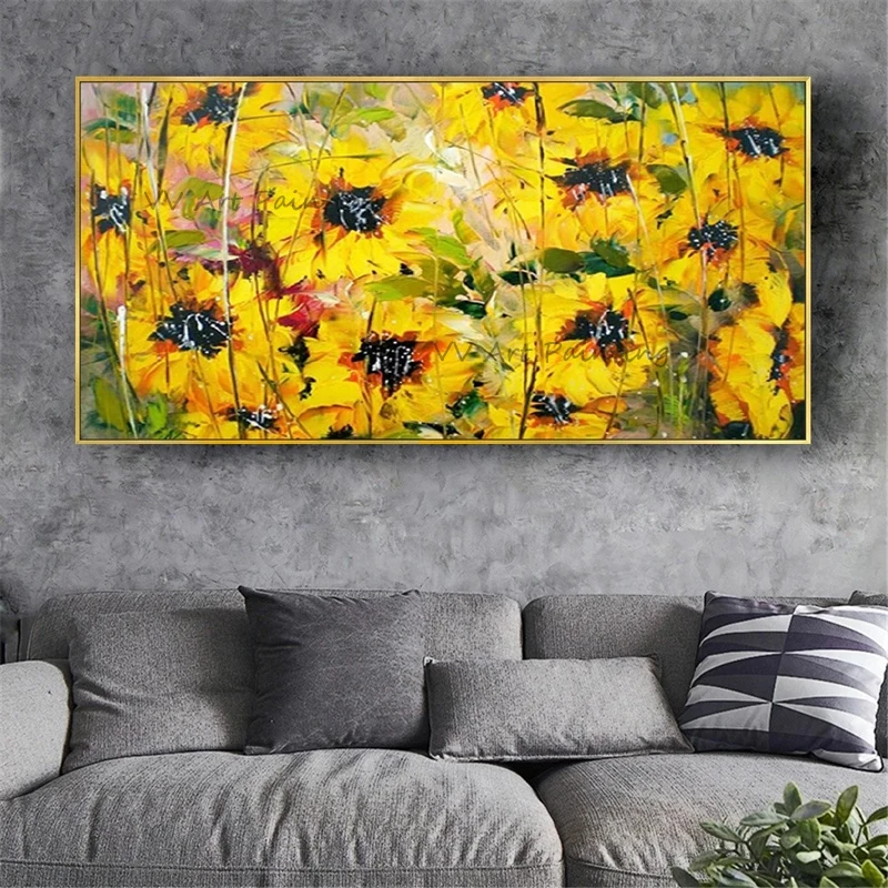 

Handmade Canvas Sunflower Oil Paintings Canvas Picture Knife Vertical Palette Nature Painting for Living Room Decor Frameless