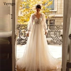 Платье Свадебное ТРАПЕЦИЕВИДНОЕ из тюля в горошек с длинными рукавами-фонариками и V-образным вырезом