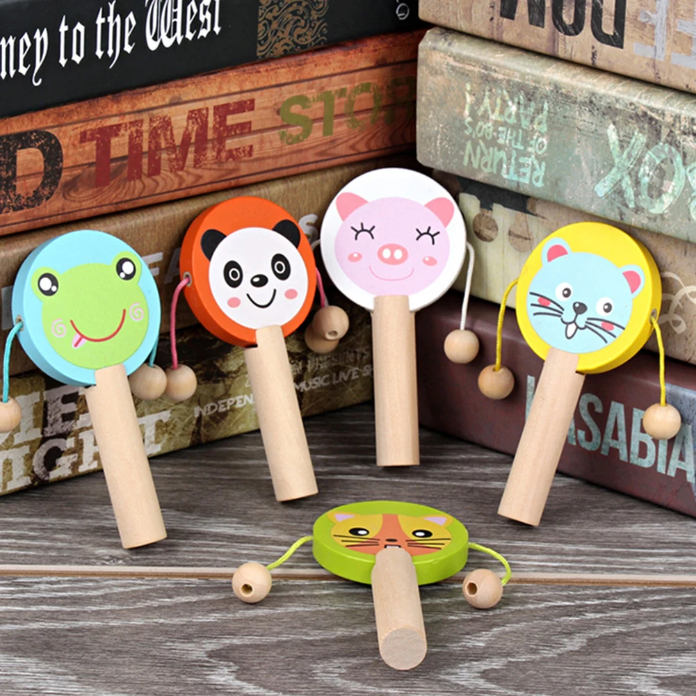 Cartoon Animal Wooden Handheld Musical Rattle Drum Shaker Education Baby Toy Intelligence Develop Toys
