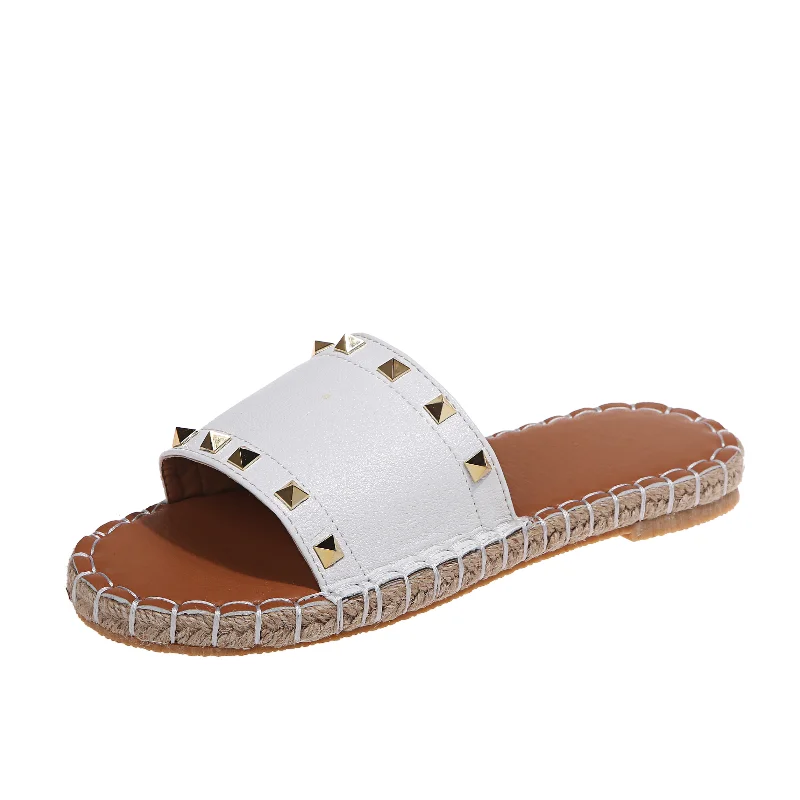 

Summer Trend Hot Women Slippers Pu Rivet Flat Hemp Sole Sewing Rubber Bottom Open Toe Punk Outdoor Beach Slides Ladies Shoes