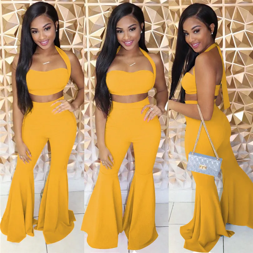 New Women halter neck short crop top wide leg pants suit two piece set fashion club party night tracksuit outfit 3 color | Женская