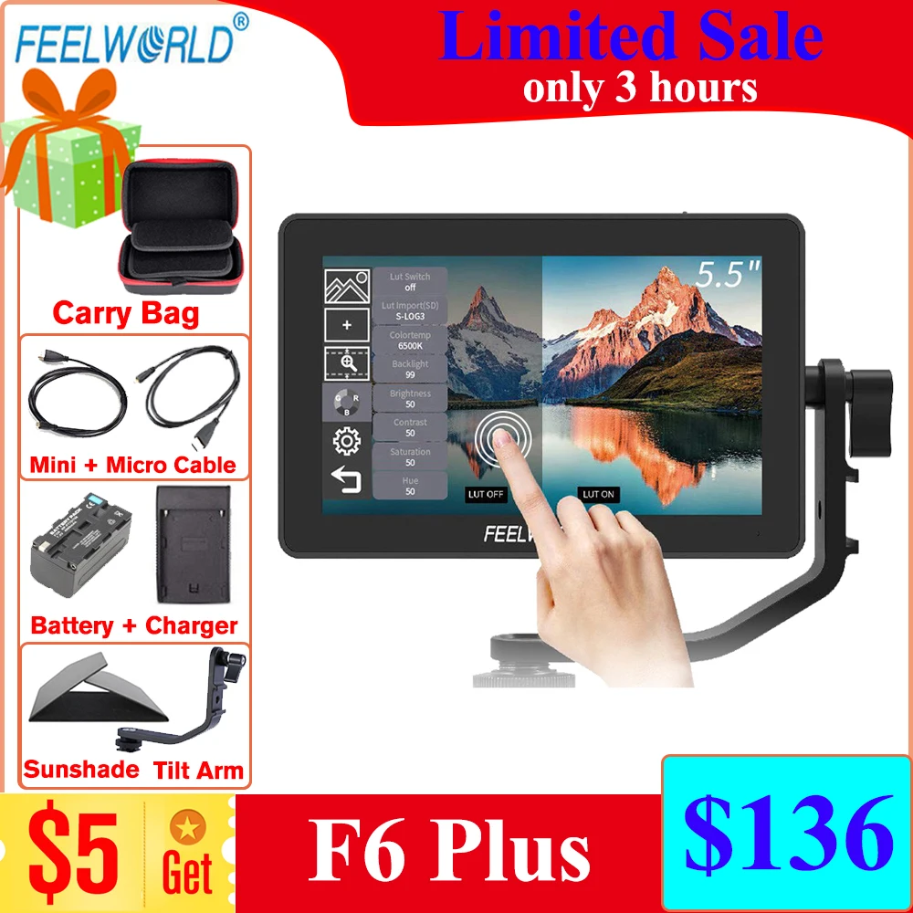 

Feelworld камера монитор F6 Plus 5,5 дюймов 3D Lut сенсорный экран 4K HDMI IPS FHD 1920X1080 монитор для DSLR камеры