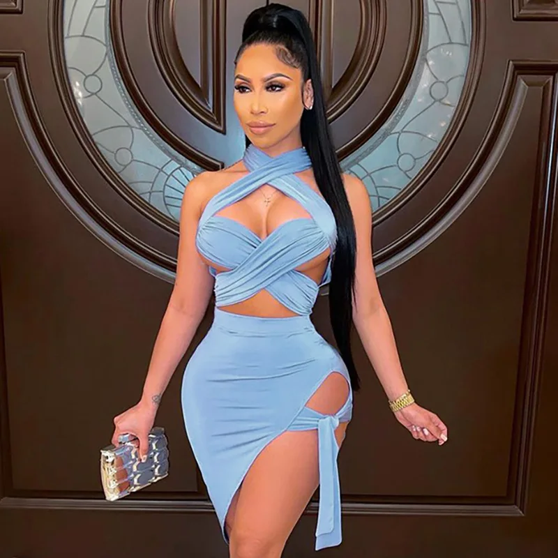

Sexy Two Piece Set Bandage Dress Suit with Cutouts Birthday Club Outfits for Women Matching Skirt Sets Dropshipping
