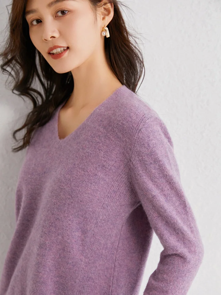 Свитер женский из 100% шерсти вязаный пуловер с V-образным вырезом и манжетами