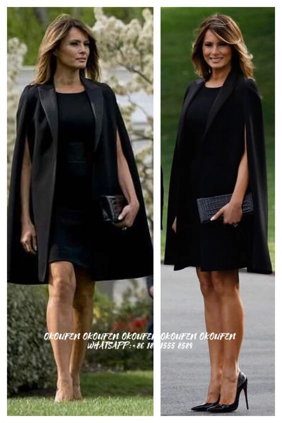 Melania Trump and Brigitte Macron Both Wore French Designers Dinner Wear Mother of The Bride Dresses Short Black Cape Suit Women