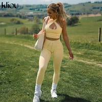 kliou knitted two piece set women summer skinny halter topdrawstring pants matching outfits active casual streetwear clothing