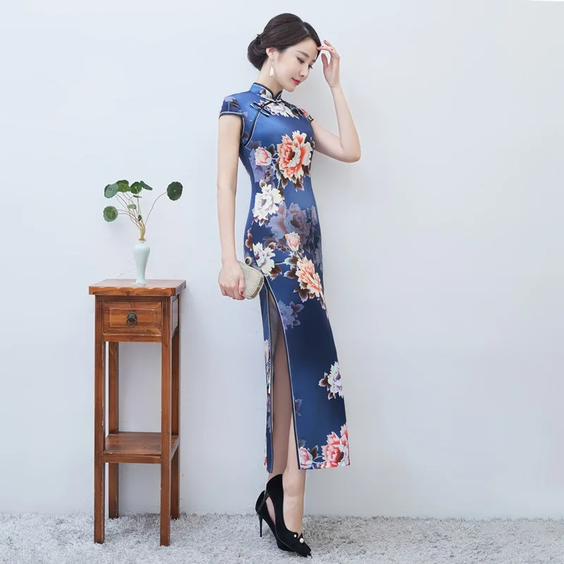 

Blue Qipao Dress Catwalk Fit Costume Chinese Traditional Long Cheongsam Elegant китайское платье Slim Daily Ципао Party Banquet