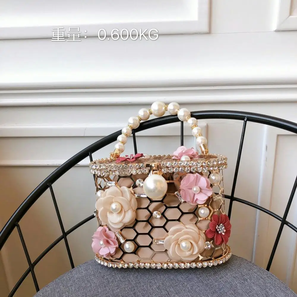 Flower apricot Хит, высокое качество, ажурная корзина, дизайн, бриллианты, жемчуг, женские роскошные вечерние сумки, вечерняя сумочка, модная сумка, сумка, bolla - Цвет: Flower apricot