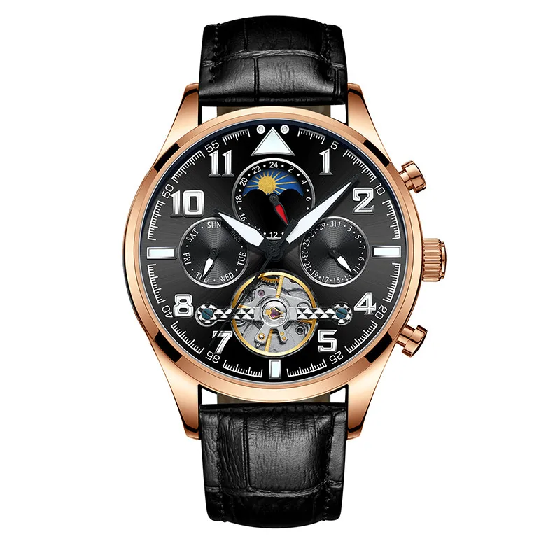 Многофункциональные часы tourbillon для мужчин люксовый бренд Moon фазный Автоматический Механические часы полый маховик мужские часы новые - Цвет: Leather strap 05