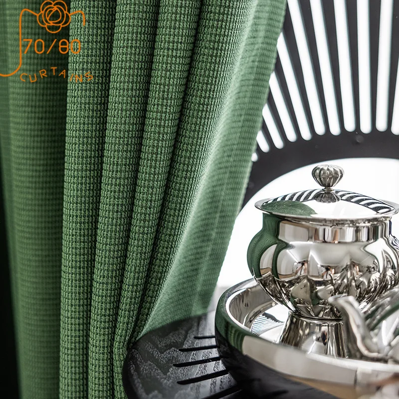 New Plaid Solid Color Gem Green Thick Cotton and Linen Blackout Curtains for Living Room and Bedroom Customized Products