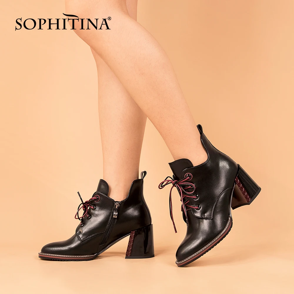 

SOPHITINA Fashion Ankle Boots Casual Square Heel Round Toe Mixed Colors Boots Spring/Autumn Convenient Lace-up Zipper Shoes K146