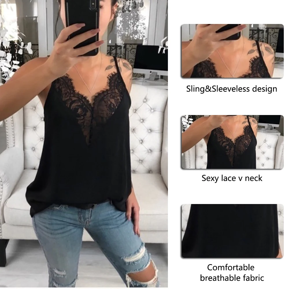 HEFLASHOR Casual Loose Summer Vest Women Sexy Lace V Neck Sling Tops Sleeveless T-Shirt Solid Spaghetti Straps 2020 Fashion | Женская