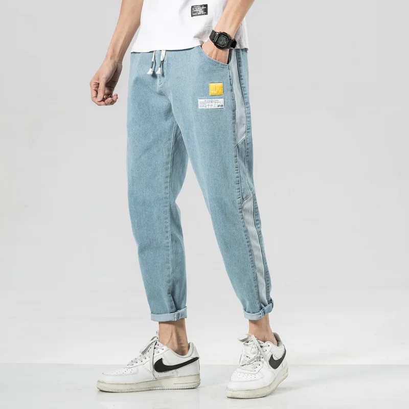 

Men Straight Jeans Summer Pop Casual Loose Man Denim Pants Drawstring Male Ankle-Length Pants