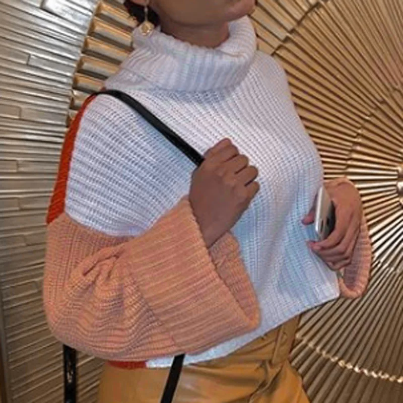 

White Turtleneck Splicing Casual Pullovers Woman Sweaters Cropped Fashion Streetwear Fall Plus Size Winter Clothes for Women