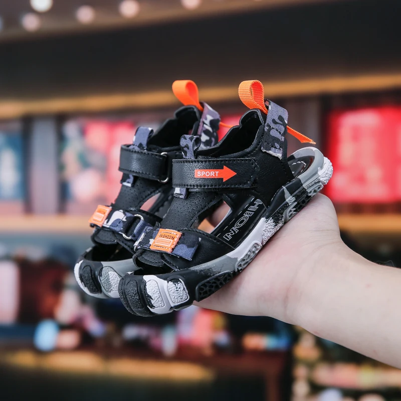 Сандалии детские из ПУ кожи пляжная обувь с широкими липучками для начинающих