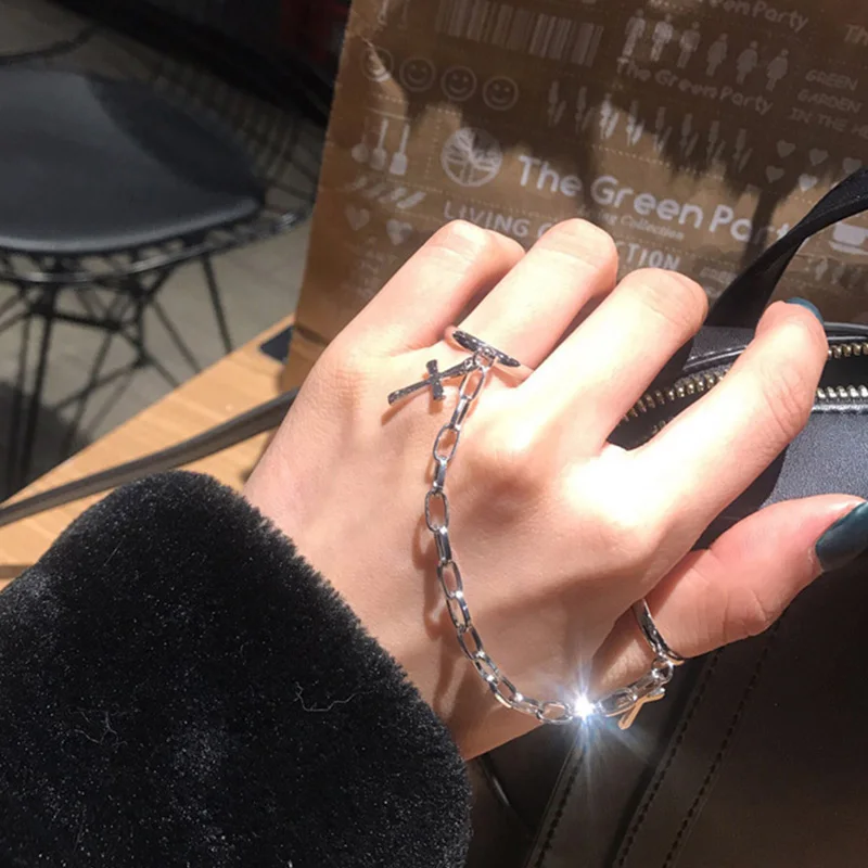

New Metal Simple Retro Punk Style Hip-hop Cross Ring Silver-plated Finger Chain Adjustable Unisex Ring Jewelry Gift