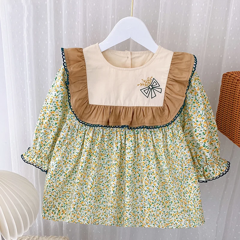 

Spring Long-sleeve Girls Dress 2021 New Lotus Leaf Stitching Floral Cute Children's Dress Toddler Girl Clothes