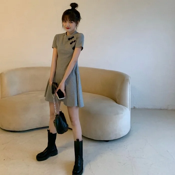 

Spring 2021new Design Sense Niche Improved Cheongsam Chinese Style A- line Skirt Short Sleeve Dress for Women Summer