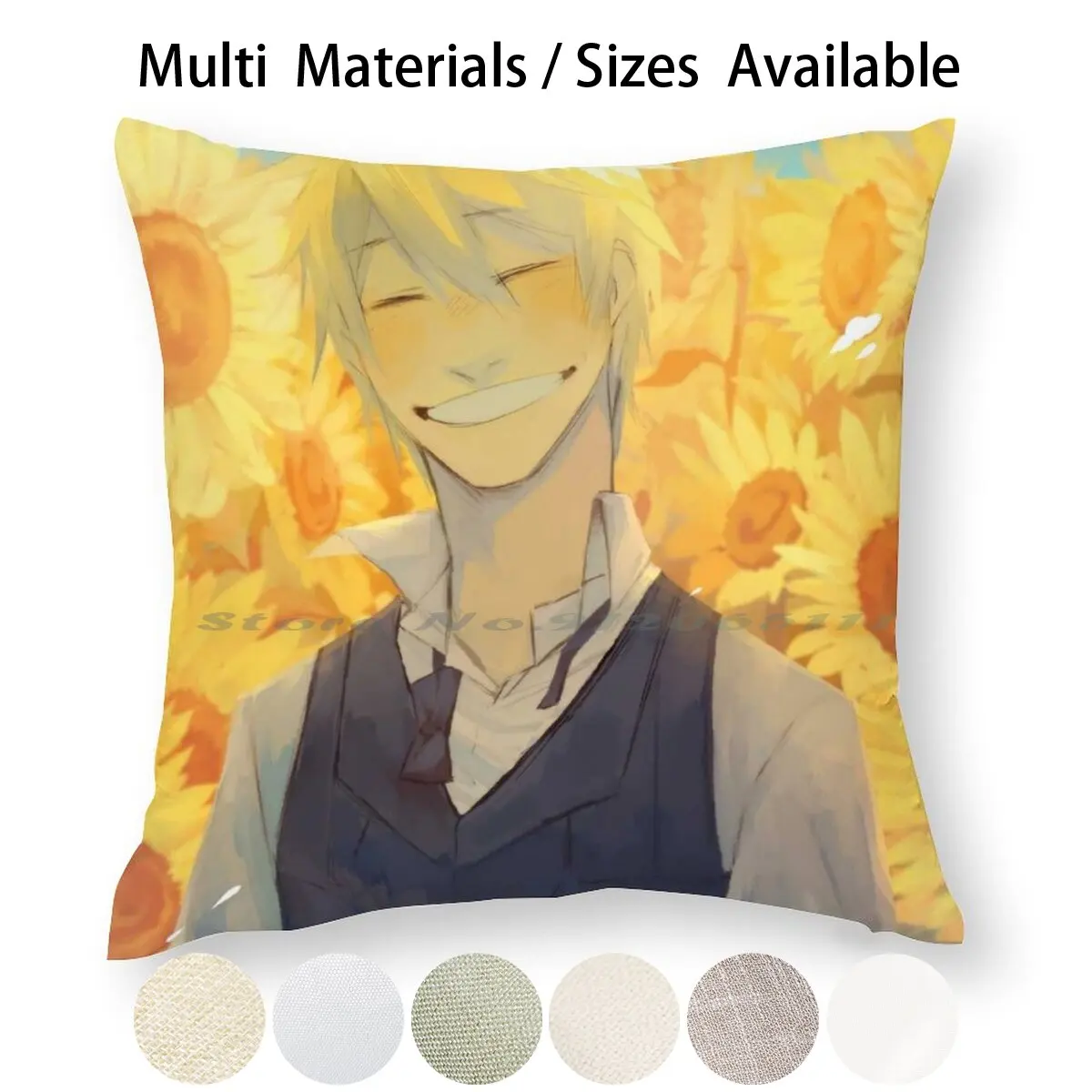 Подушечка на подушку из хлопкового льна "Подсолнухи" с изображением Сизуо Хэйваджимы и Сизаи на фоне неба в желтых тонах.