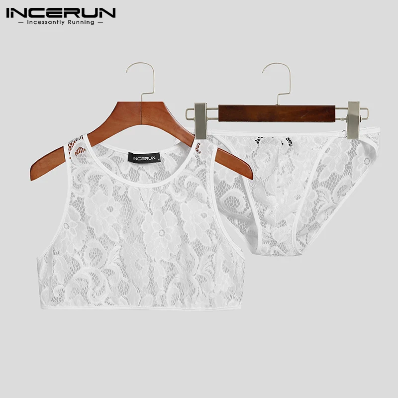 

New Men's Fashionable Sets Comfortable Homewear Sexy Leisure Breathable Mesh Short Print Vests Briefs Suits S-5XL 2021 INCERUN