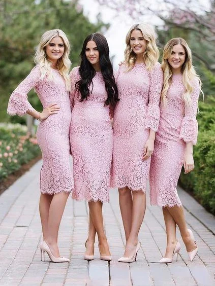 

Cheap Pink Lace Bridesmaids Dresses Bateau Neck With Long Sleeves Wedding Guest Dress Tea Length Sheath Maid Of Honor Gowns