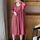 Хлопковое однотонное платье для сна, с длинным рукавом и круглым вырезом