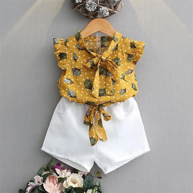 

Clothing for Girls Children Outfits Summer Sleeveless Print Two Piece Top and Shorts Kids Chiffon Clothes Sets Girl 2 to 7 Years