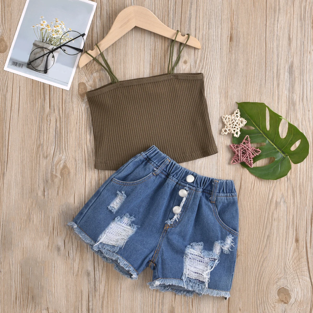 

2022 New Summer Sling Top+Denim Shorts 2Pcs Fashion Suit Girl Set Kid Clothes Children Clothes Girl