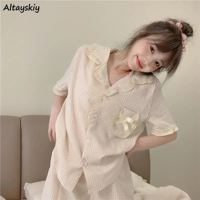 

Plaid Pajama Set Women Lovely Ruffles Bow Japanese Style Loose Soft Ins Student Home Two Piece Sleepwear Summer Fashion Casual