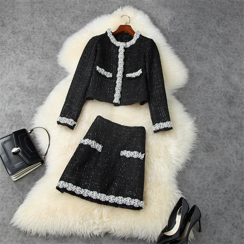 

Женский твидовый костюм с жакетом и юбкой, дизайнерский комплект из 2 предметов, шерстяной пиджак с длинным рукавом и жемчужинами, зима 2019