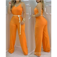 wepbel women fashion strap orange jumpsuit ladies elegant deep v neck sleeveless romper backless wide leg trouser overalls