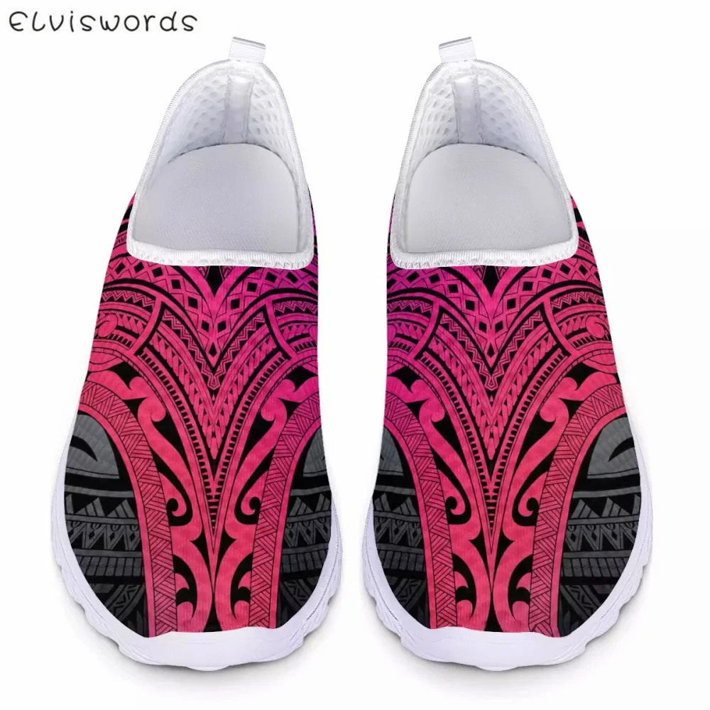 

ELVISWORDS Pink Polynesian Ethnic Tribal Women Comfort Sneakers Light Flat Shoes for Female Slip On Casual Walk Sneaker Footwear