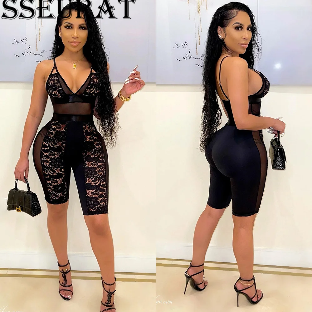 

SSEURAT See Through Lace Mesh Bodycon Jumpsuits for Women Sexy Lingerie Playsuits Clubwear Outfits