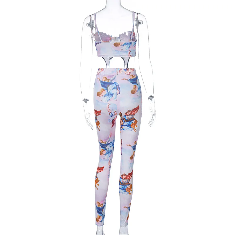 

Zip-Up Top Leggings Two Piece Set Women 2021 Print Sleeveless Sexy Short Tops+ Elastic Skinny Pant Outfit Club Streetwear