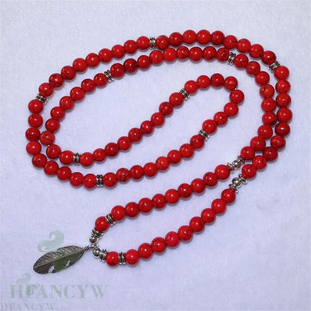 

6 мм красная бирюза перо кулон 108 шарик Мала ожерелье благословение Йога молиться буддизм Лаки рейки классика духовность шик