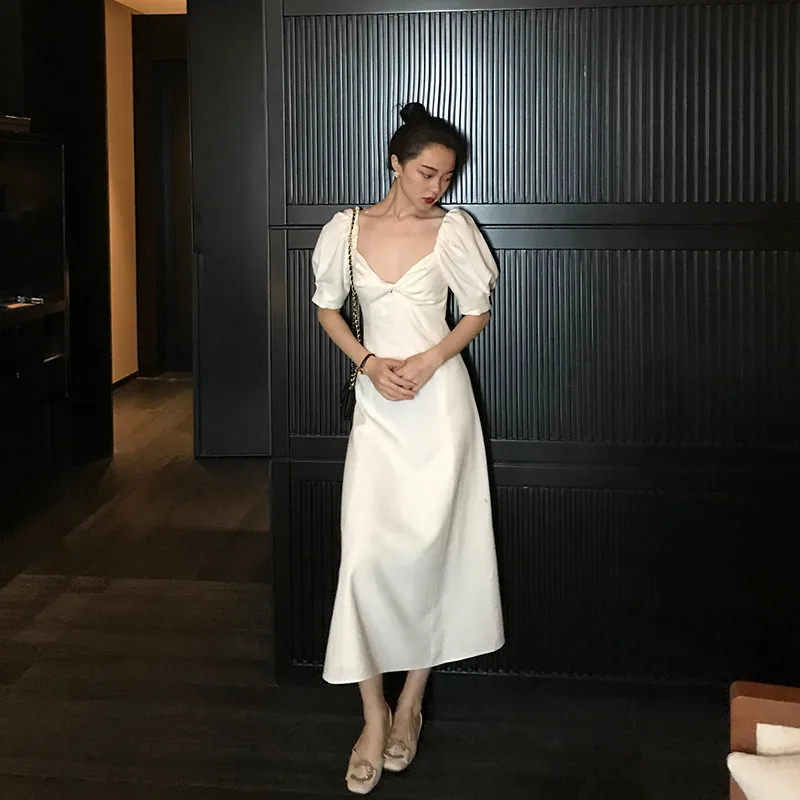 

Summer Women French Puff Sleeve Sexy A Line Dress Retro Black White Square Collar Waisted Slim Dress Fashion Sweet Party Dress
