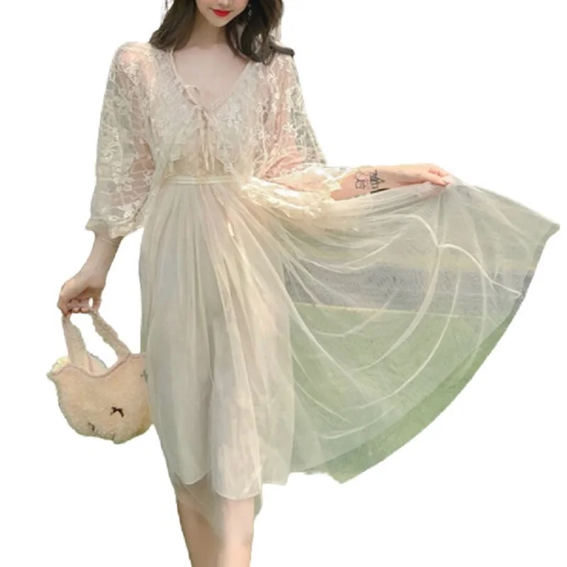 

PERHAPS U Elegant Summer Chiffon Mesh Sequined Flared Sleeves Mid-Length Sling Dress Embroidery Flower Ruffle Mesh Top D3039