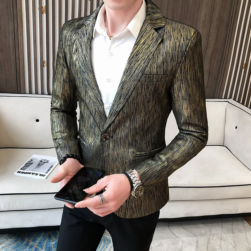 

2020 Men Autumn New Style Bronze Stripes Suit Youth Handsome Slim Fit Suit