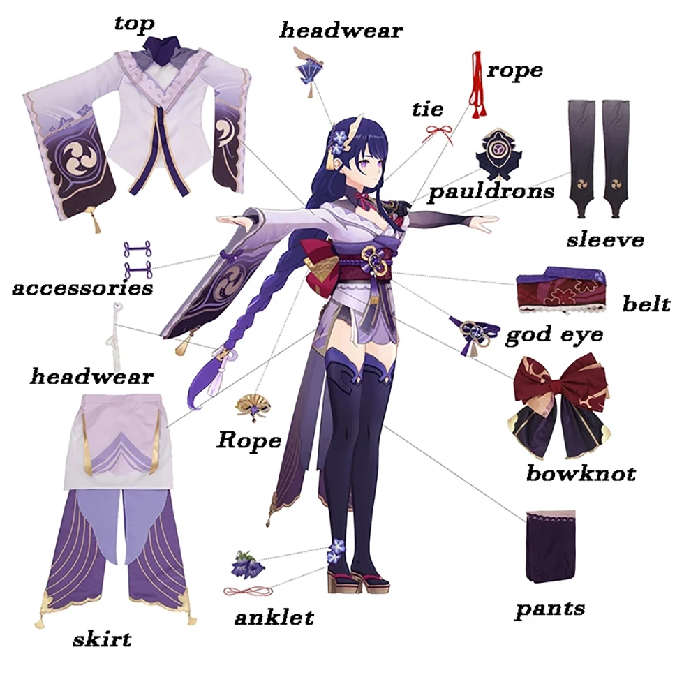 

Baal Cosplay Genshin Impact Raiden Shogun Baal Cosplay Wig Costume Halloween Anime Costume for Women Uniform Dress Full Set