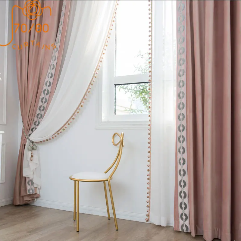 High-end Girly Style Pink Lace Stitching Velvet Blackout Curtains for Living Room Bedroom Finished Product Customization