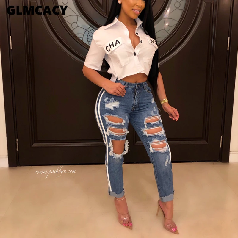 Женские повседневные Прямые облегающие длинные брюки с дырками и высокой талией