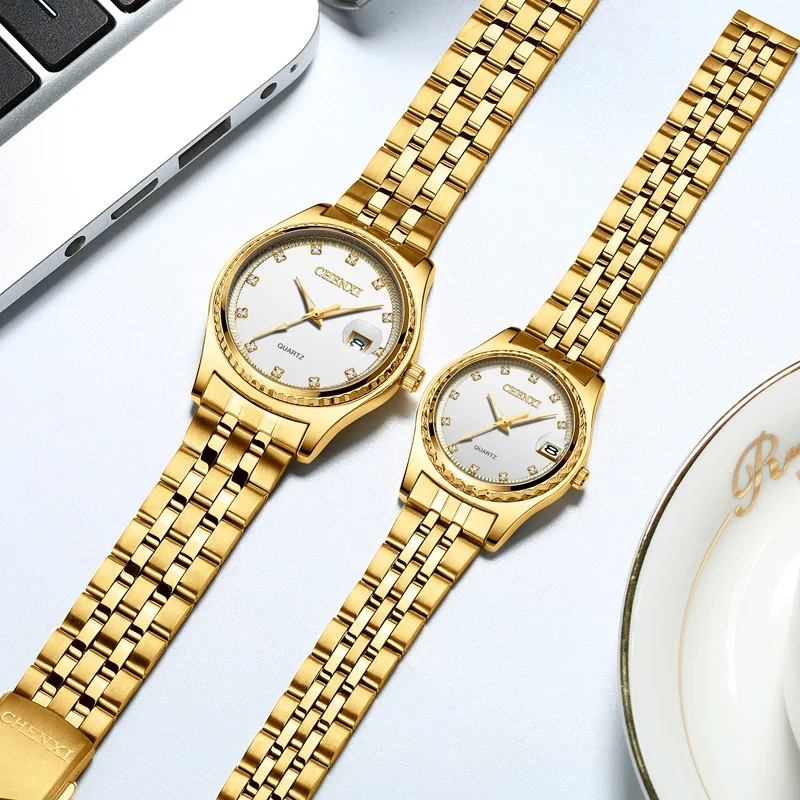 CHENXI Lover Watches Luxury Diamond Gold Wrist Watch Calendar Quartz Watches For Men Women Wristwatches Fashion Stainless Steel