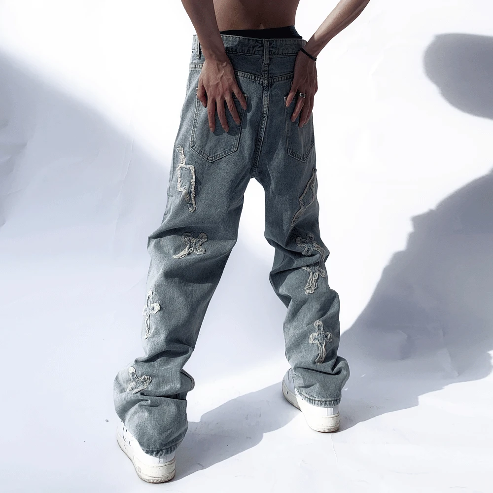 2021 Chic Cross Embroidery Retro Wash Men Straight Jeans Pants Distressed Hip Hop Baggy Casual Denim Trousers Pantalones Hombre